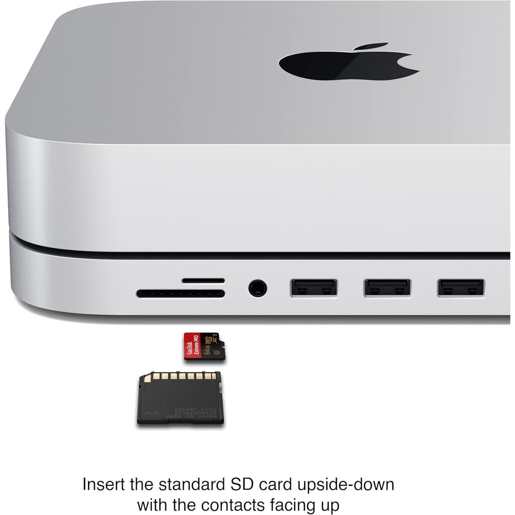 SATECHI USB-C Hub 7-in-1 für Mac mini M2/M1, Standfuß und Multiport Adapter mit Micro-/SD Kartenleser, USB 3.0 und 3,5mm Audioanschluss (Nicht für Mac mini M4) – Silber