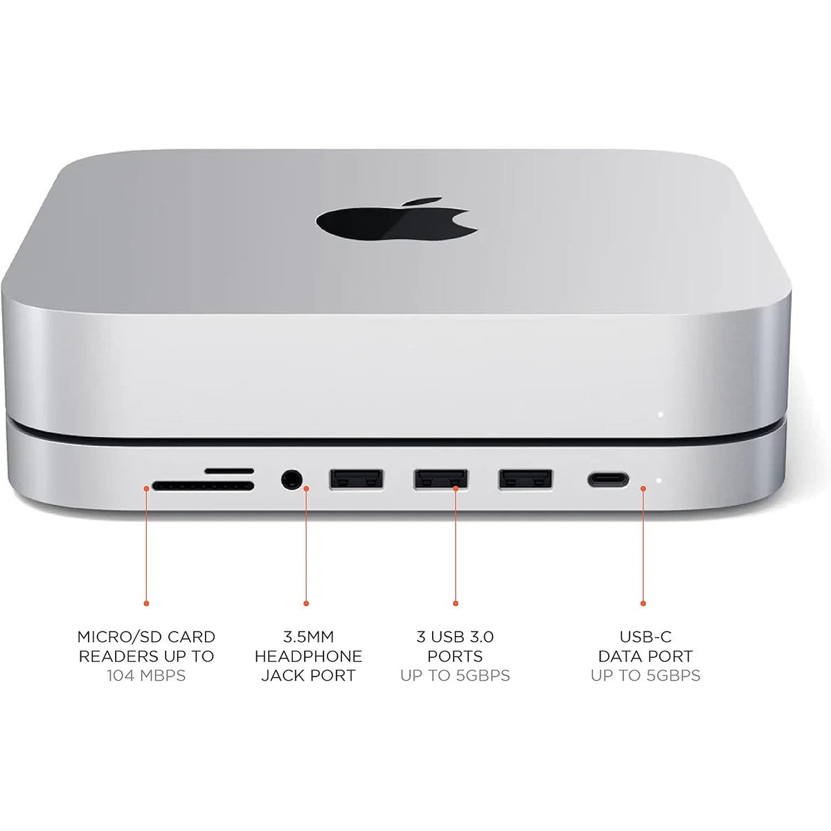 SATECHI USB-C Hub 7-in-1 für Mac mini M2/M1, Standfuß und Multiport Adapter mit Micro-/SD Kartenleser, USB 3.0 und 3,5mm Audioanschluss (Nicht für Mac mini M4) – Silber