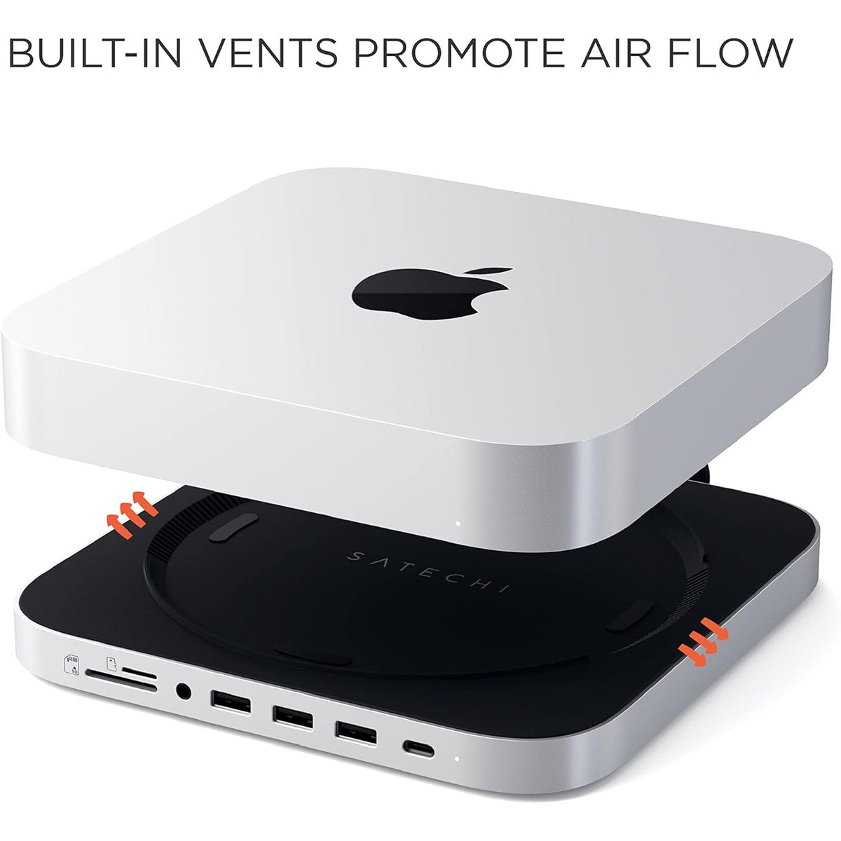 SATECHI USB-C Hub 7-in-1 für Mac mini M2/M1, Standfuß und Multiport Adapter mit Micro-/SD Kartenleser, USB 3.0 und 3,5mm Audioanschluss (Nicht für Mac mini M4) – Silber