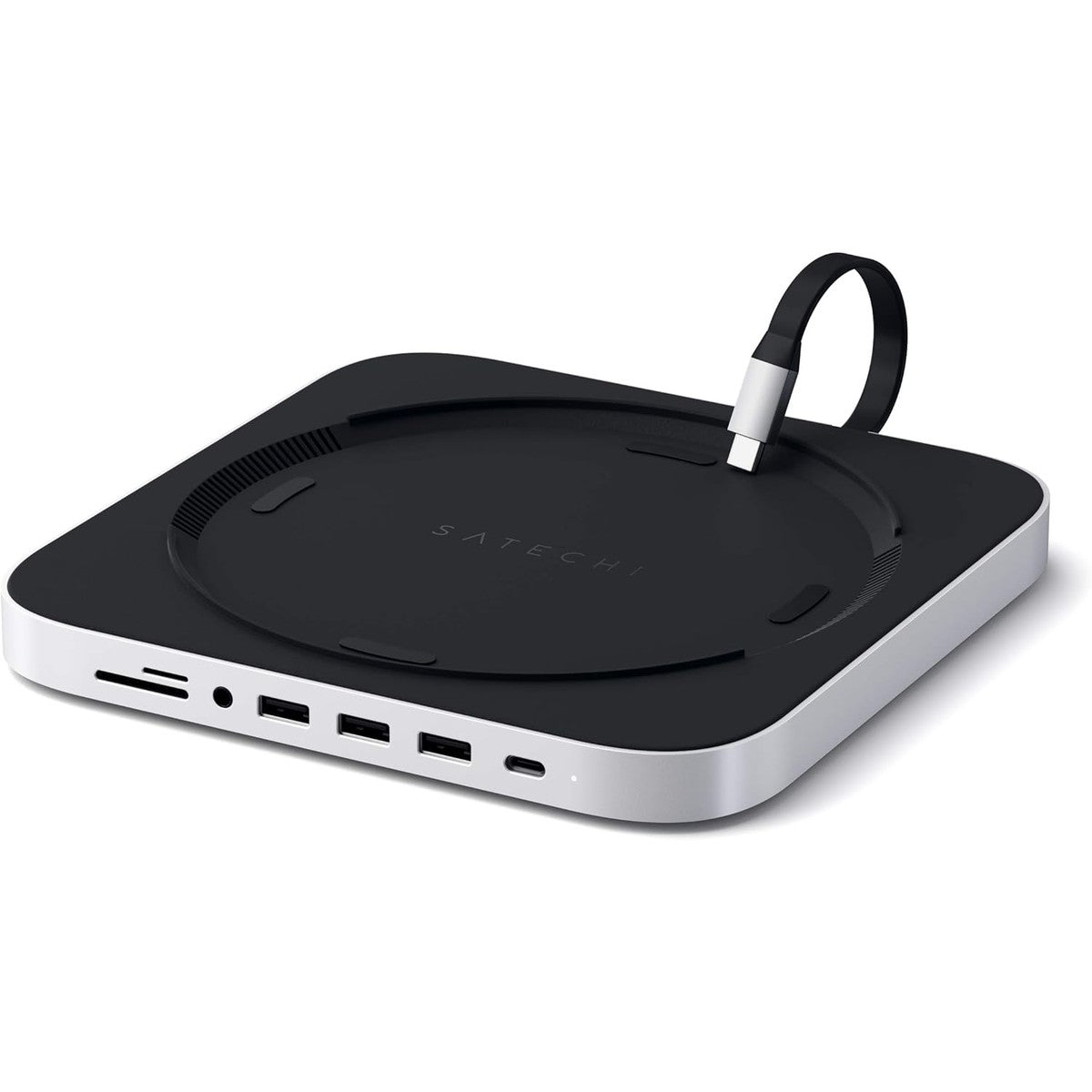 SATECHI USB-C Hub 7-in-1 für Mac mini M2/M1, Standfuß und Multiport Adapter mit Micro-/SD Kartenleser, USB 3.0 und 3,5mm Audioanschluss (Nicht für Mac mini M4) – Silber