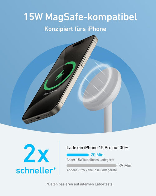 Anker MagGo kabellose Ladestation, 15W Qi2 für MagSafe, Ständer mit USB-C Kabel, Magnetisches Ladegerät für iPhone 17/16/15/14/13/12, AirPods (ohne Netzteil)