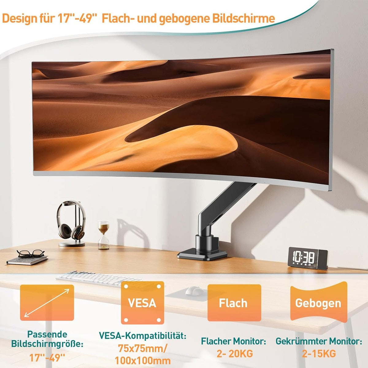 ELIVED Ultrawide Monitor Arm für Max 49 Zoll Bildschirm hält 2-20KG