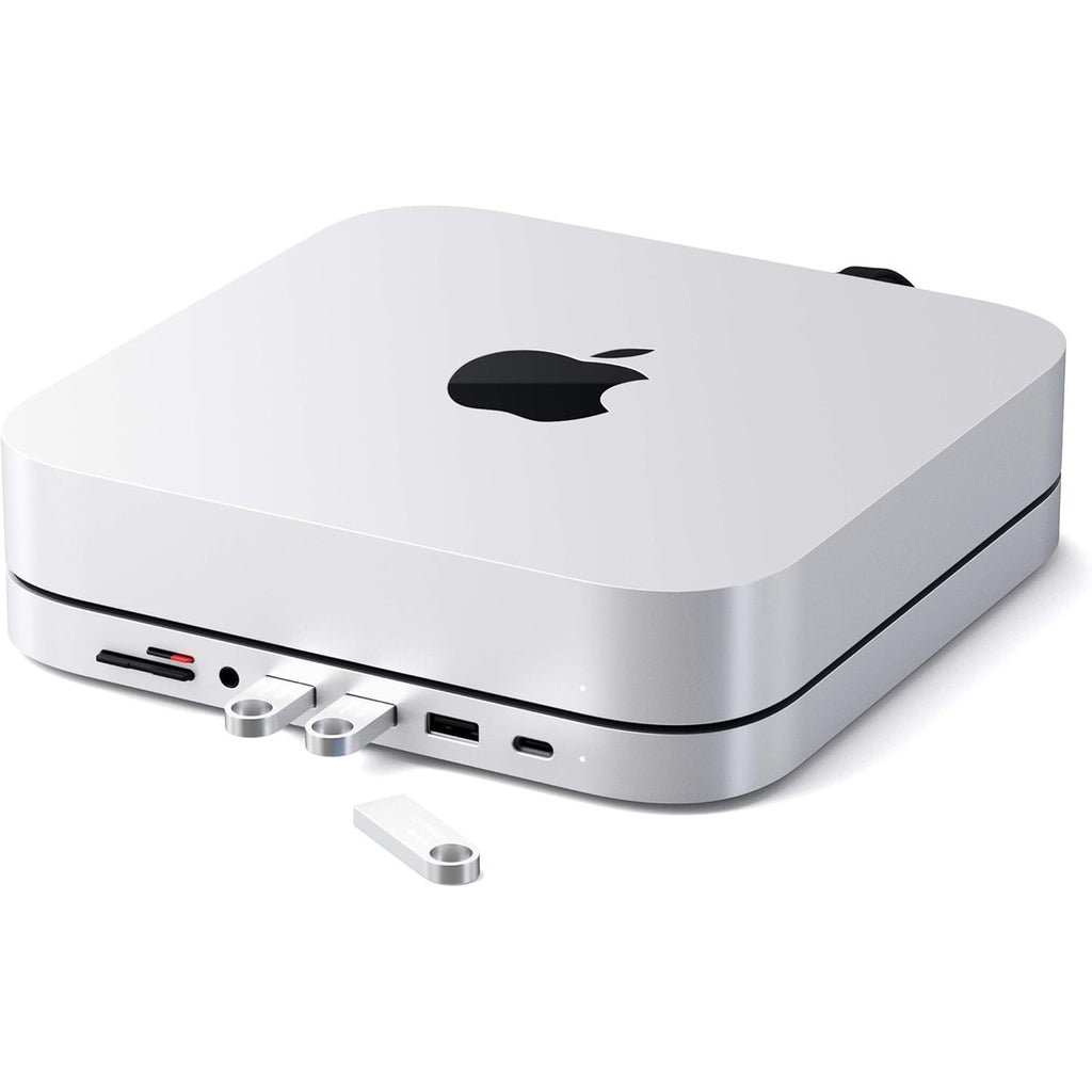SATECHI USB-C Hub 7-in-1 für Mac mini M2/M1, Standfuß und Multiport Adapter mit Micro-/SD Kartenleser, USB 3.0 und 3,5mm Audioanschluss (Nicht für Mac mini M4) – Silber